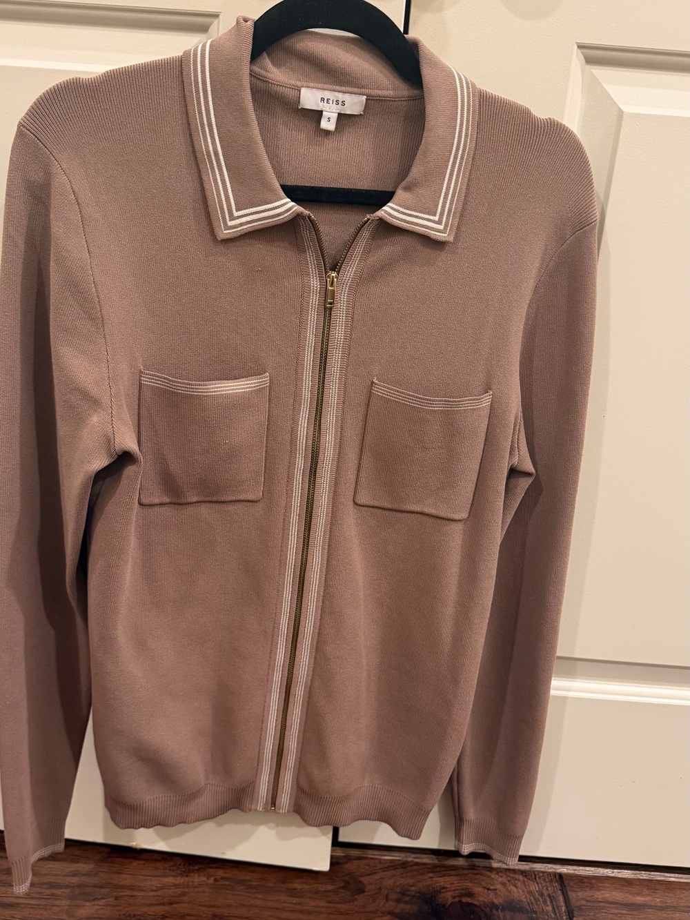 Reiss Men's Zip-Up Polo Cardigan in Mauve with White Trim